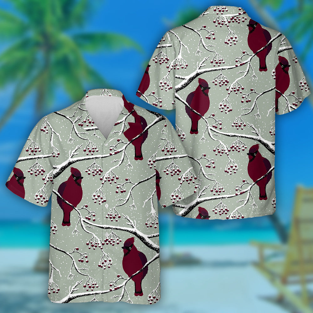 Watercolor Red Cardinal On Tree Winter Hawaiian Shirt, Hwaiian For Gift