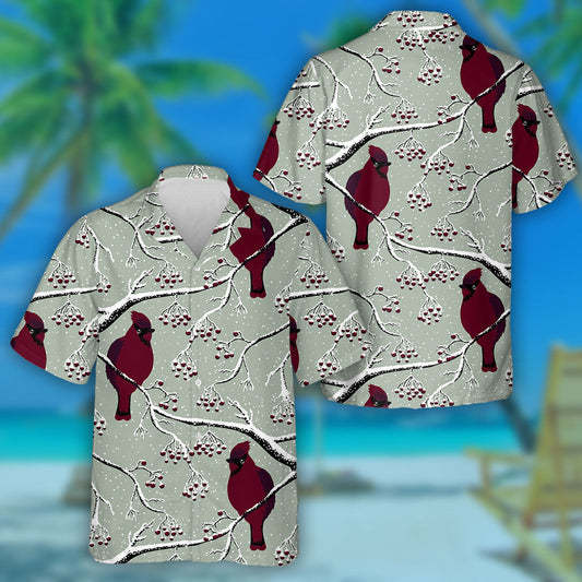 Watercolor Red Cardinal On Tree Winter Hawaiian Shirt, Hwaiian For Gift
