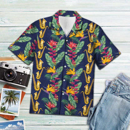 Hawaiian Shirt Golden Saxophone With Paradise Flowers In Navy, Hawaiian Shirt Gift, Christmas Gift