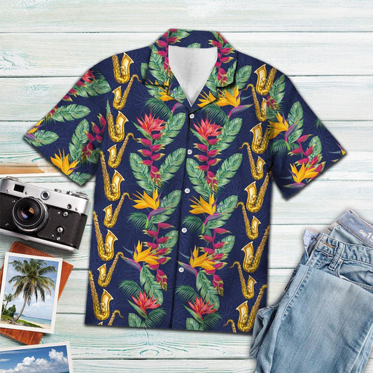 Hawaiian Shirt Golden Saxophone With Paradise Flowers In Navy, Hawaiian Shirt Gift, Christmas Gift