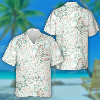 Hand Drawn Butterflies And Blooming Flowers Hawaiian Shirt, Hawaiian For Gift