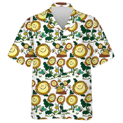 Cute Smiling Flowers And Snail Coloured With White Background Hawaiian Shirt, Hawaiian Shirt Gift, Christmas Gift