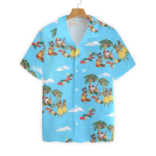 Nollaig Shona Daidí na Nollag ar Spéir Gorm Dearadh Léine Haváís, Bronntanas Léine Haváís, Bronntanas Nollag.