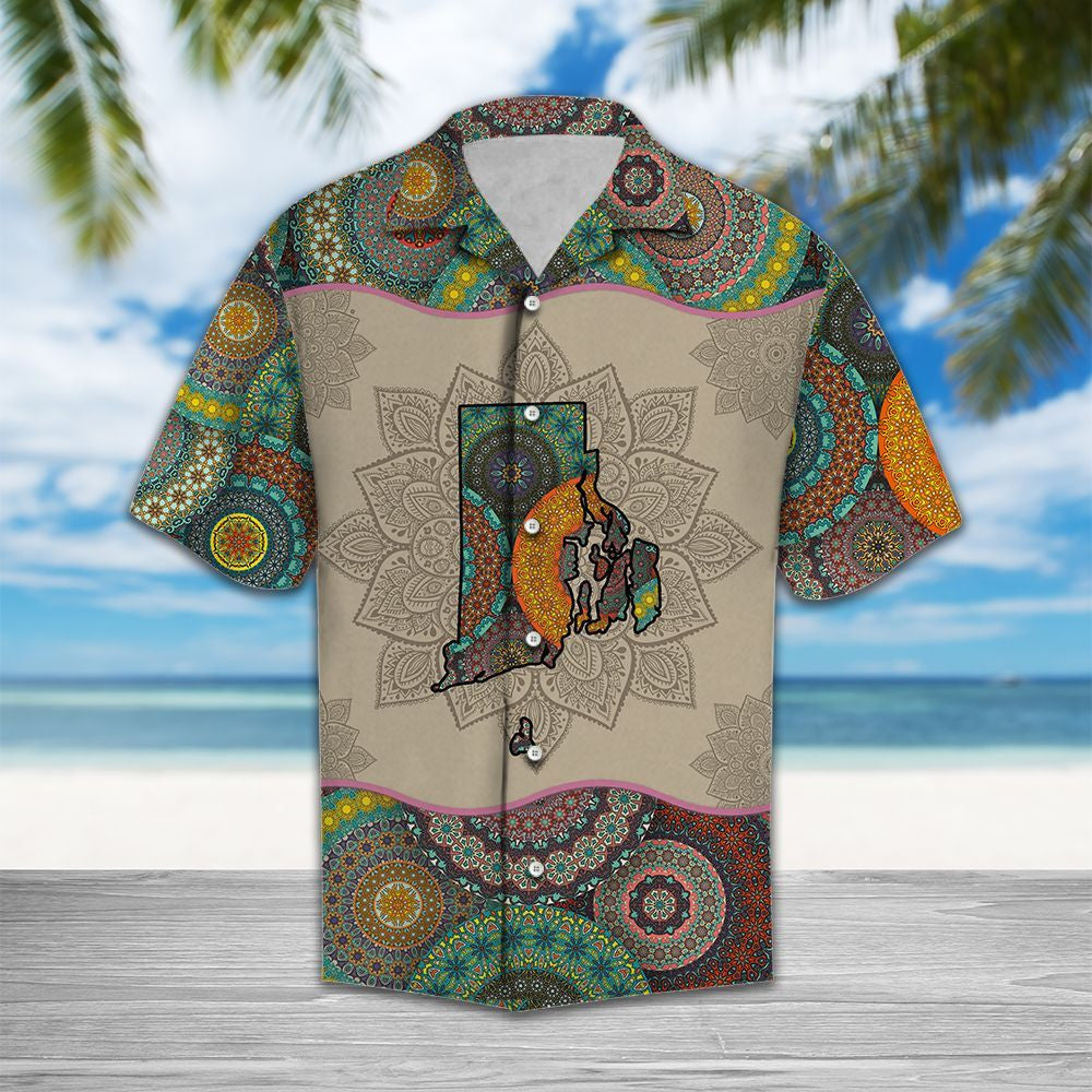 Rhode Island Map Mandala Flowers Design Hawaiian Shirt,Hawaiian Shirt Gift, Christmas Gift