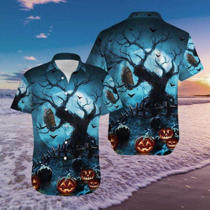 Scary Owl Night With Pumpkin Halloween Background Hawaiian Shirt, Hawaiian Shirt Gift, Christmas Gift