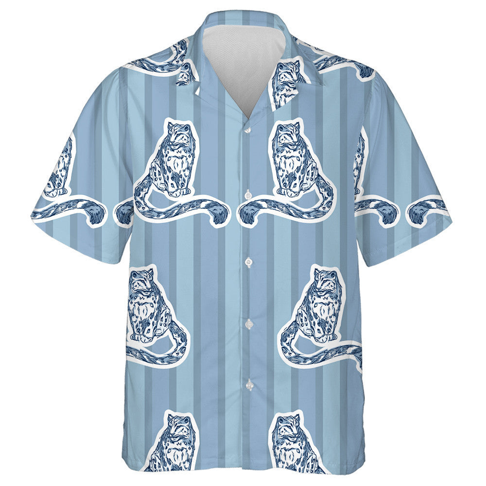 Blue Snow Leopards On Stripes Background Hawaiian Shirt, Hawaiian For Gift