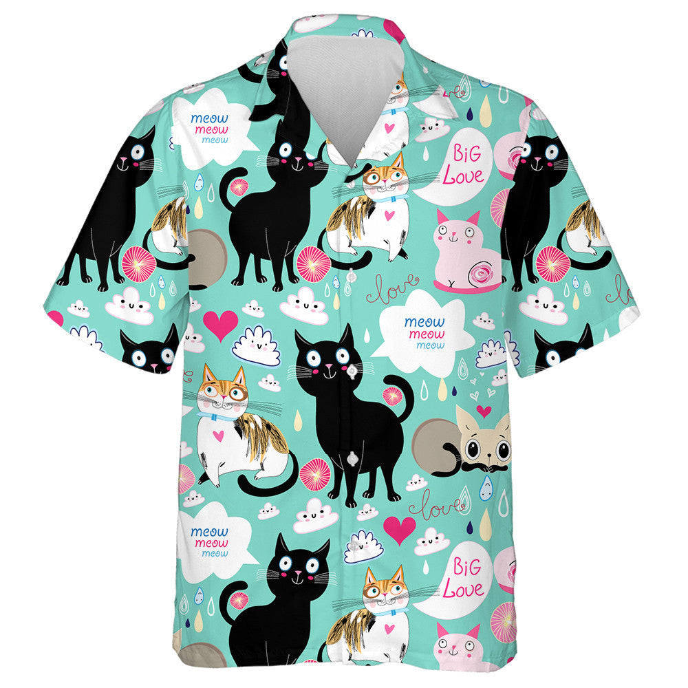 Cartoon Lovers Cats On Green Background Hawaiian Shirt, Hawaiian For Gift