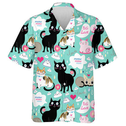Cartoon Lovers Cats On Green Background Hawaiian Shirt, Hawaiian For Gift