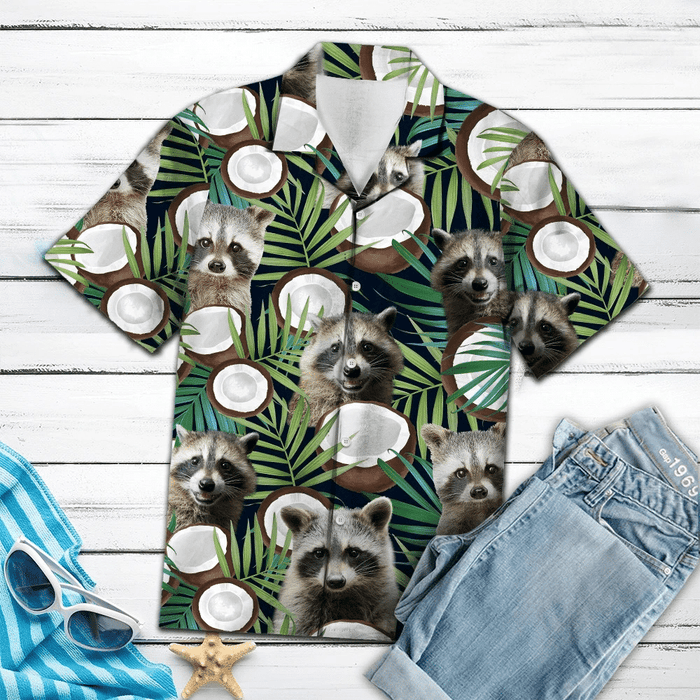 Raccoon With Coconut Green Leave Style Hawaiian Shirt,Hawaiian Shirt Gift, Christmas Gift