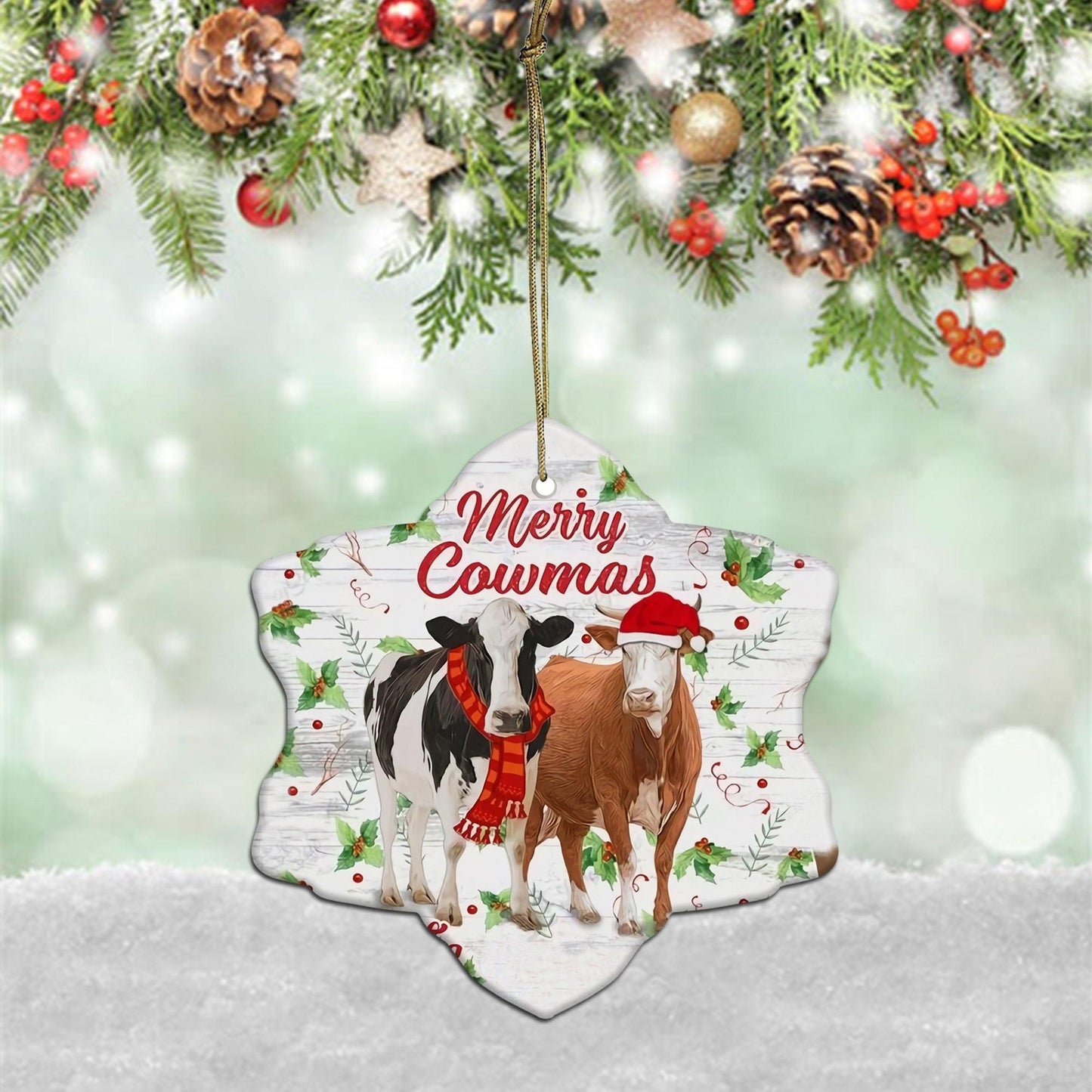 Cow Christmas Snow Flake Ceramic Ornament, Christmas Gift, Christmas Decoration