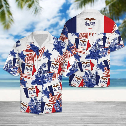 Bratach Iowa le Hibiscus Gorm Agus Duilleoga Trópaiceacha Léine Haváís, Bronntanas Léine Haváís, Bronntanas Nollag