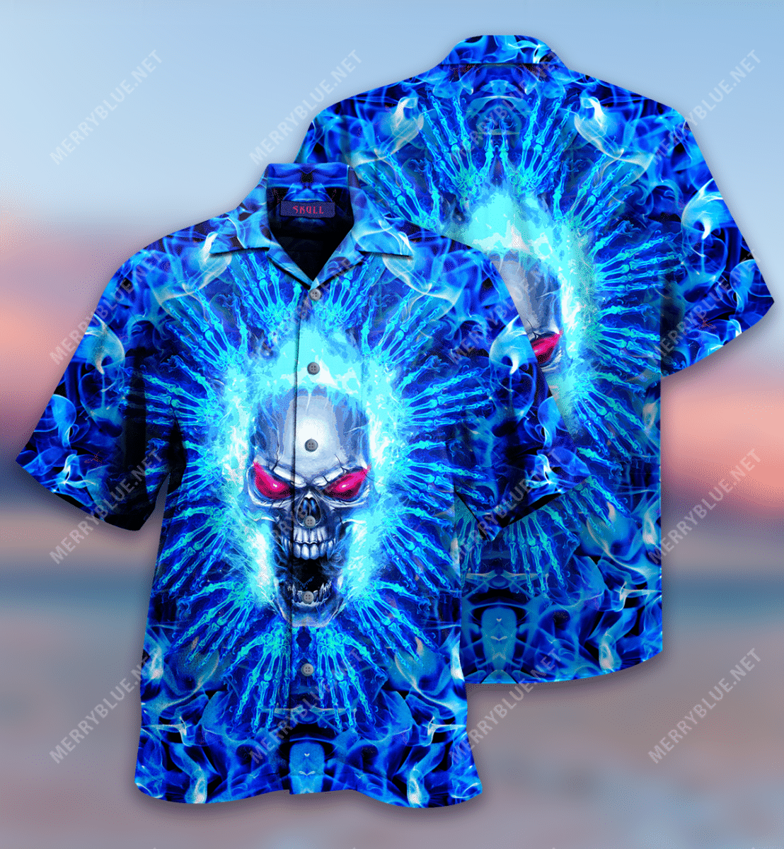 Blue Firing Skull Hawaiian Shirt,Hawaiian Shirt Gift, Christmas Gift