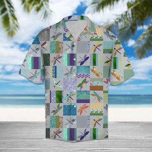 Colorful Dragonfly With Square Pattern Hawaiian Shirt, Hawaiian For Gift