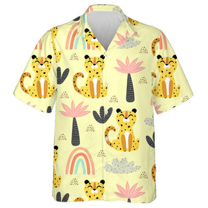 Wild Animals Leopard With Cartoon Rainbows Hawaiian Shirt, Hwaiian For Gift