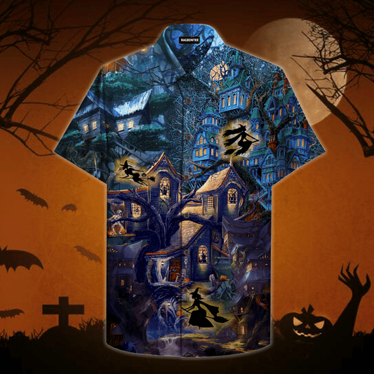 Scary Witch And Tree House Dramatic Hawaiian Shirt,Hawaiian Shirt Gift, Christmas Gift
