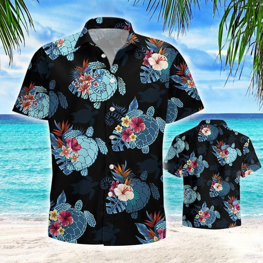 Turtle Flower Tropical Dark Theme Hawaiian Shirt, Hawaiian For Gift