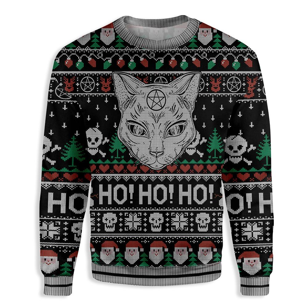 Geansaí Cat Wicca Dubh Cat Ho Ho Ho Patrún na Nollag Geansaí Gránna Cat Gránna Geansaí