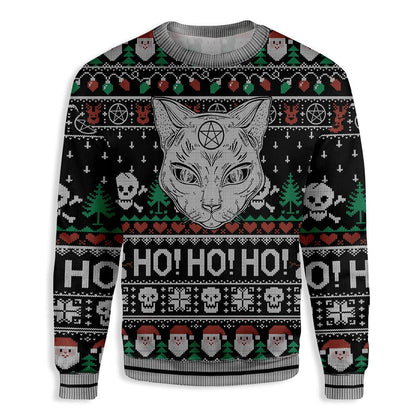 Geansaí Cat Wicca Dubh Cat Ho Ho Ho Patrún na Nollag Geansaí Gránna Cat Gránna Geansaí