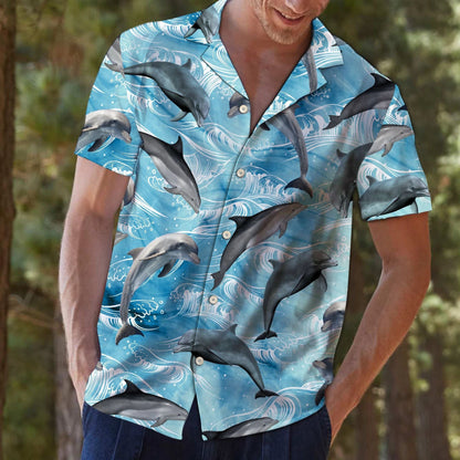 Blue Ocean Dolphins Jumping Background Hawaiian Shirt, Hawaiian For Gift