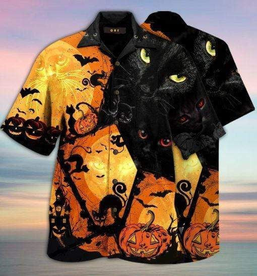 Halloween Black Cat Full Background Hawaiian Shirt, Hawaiian For Gift
