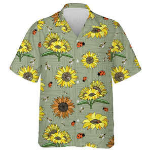Sage Green With Sunflowers Bees And Lady Beetles Hawaiian Shirt, Hawaiian Shirt Gift, Christmas Gift