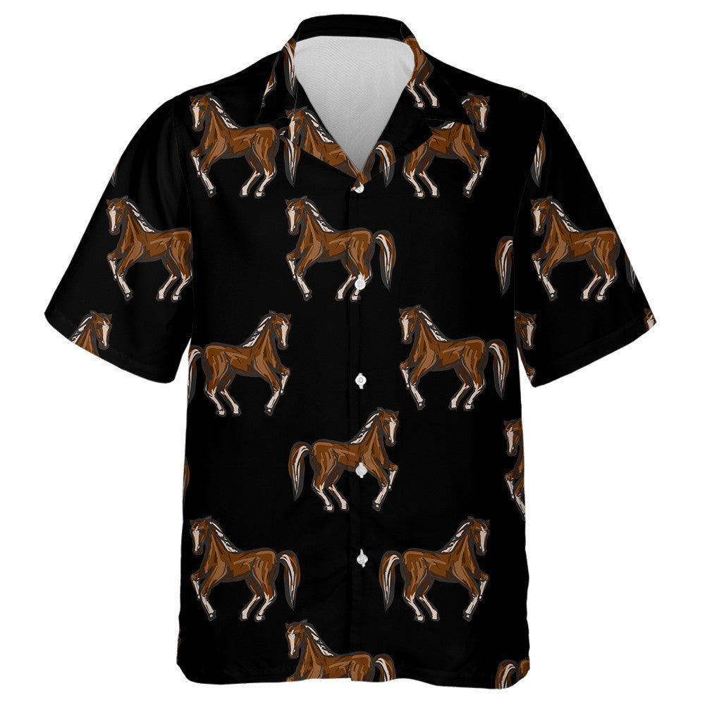 Brown Horses In Landscape On Black Hawaiian Shirt, Hawaiian For Gift