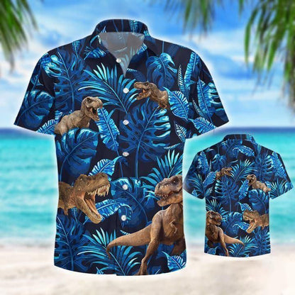 T-rex Tropical Forest Pattern Blue Theme Hawaiian Shirt, Hawaiian Shirt Gift, Christmas Gift