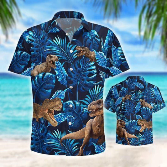 T-rex Tropical Forest Pattern Blue Theme Hawaiian Shirt, Hawaiian Shirt Gift, Christmas Gift