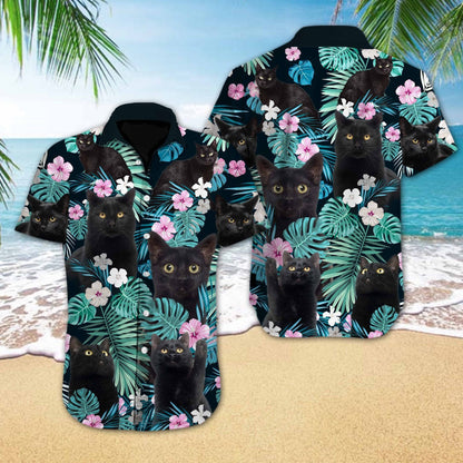 Black Cat Flower Spring Design Hawaiian Shirt , Hawaiian For Gift