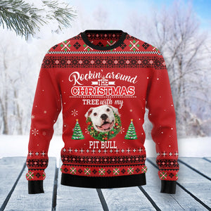 Pit Bull Rockin' unisex womens & mens, couples matching, friends, funny family ugly christmas holiday sweater gifts,Christmas Ugly Sweater