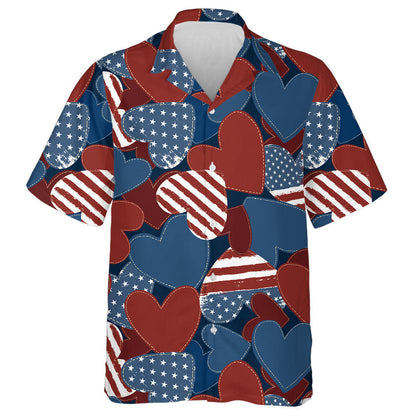 American Flag Grunge Heart Symbol Knit Pattern Hawaiian Shirt, Hawaiian Shirt Gift, Christmas Gift
