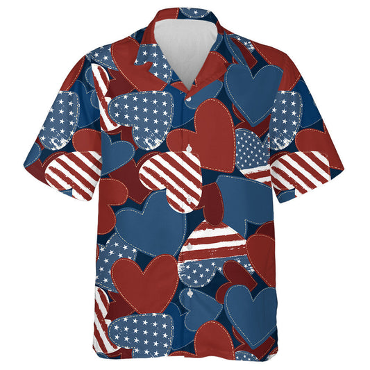 American Flag Grunge Heart Symbol Knit Pattern Hawaiian Shirt, Hawaiian Shirt Gift, Christmas Gift