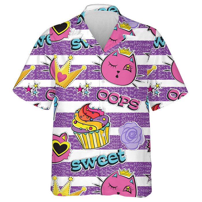 Abstract Sweet Cats And Cakes On Stripes Background Hawaiian Shirt, Hawaiian Shirt Gift, Christmas Gift