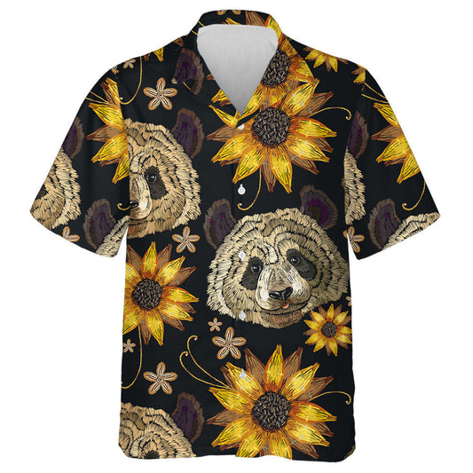 Cool Fashion Embroidery Panda Head And Sunflowers Hawaiian Shirt, Hawaiian Shirt Gift, Christmas Gift