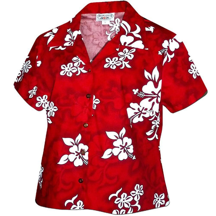 Bright Flower Red Fitted Women's Hawaiian Aloha Shirt Hawaiian Shorts Beach Short Sleeve,Hawaiian Shirt Gift, Christmas Gift