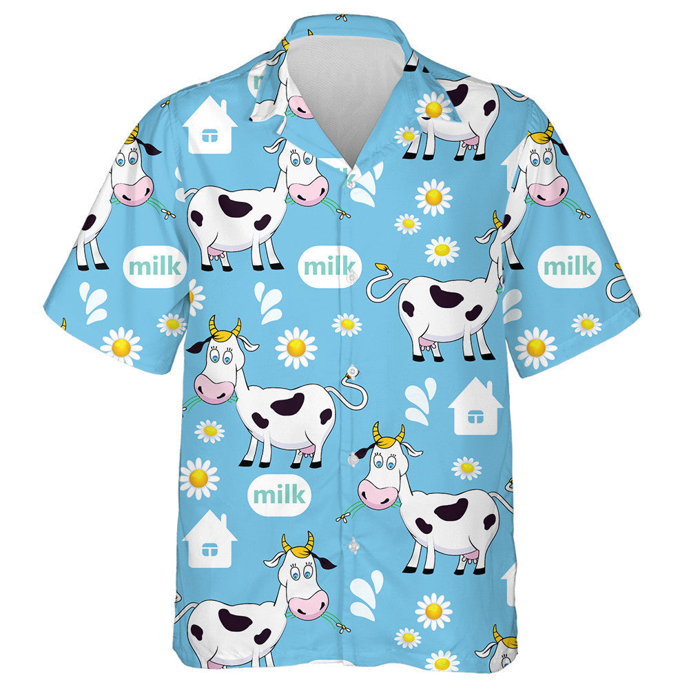 Cartoon Cow And White House On Blue Hawaiian Shirt, Hawaiian Shirt Gift, Christmas Gift