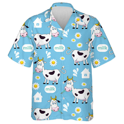 Cartoon Cow And White House On Blue Hawaiian Shirt, Hawaiian Shirt Gift, Christmas Gift