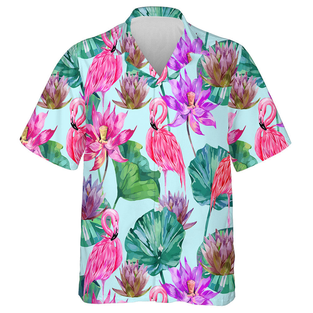 Pink Lotus Tropical Flowers Leaves And Flamingos Hawaiian Shirt, Hawaiian Shirt Gift, Christmas Gift