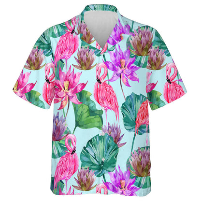 Pink Lotus Tropical Flowers Leaves And Flamingos Hawaiian Shirt, Hawaiian Shirt Gift, Christmas Gift