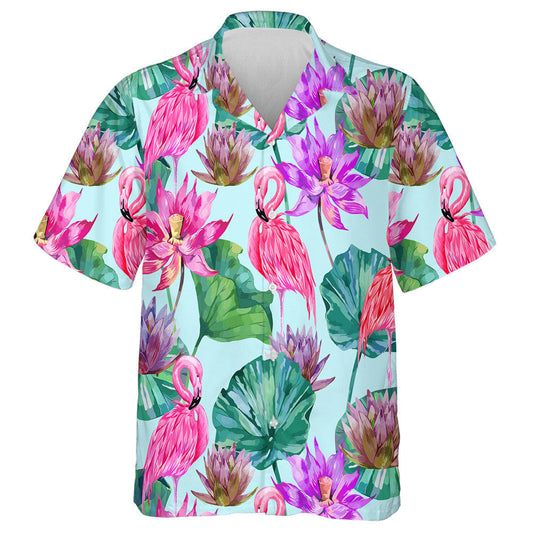 Pink Lotus Tropical Flowers Leaves And Flamingos Hawaiian Shirt, Hawaiian Shirt Gift, Christmas Gift