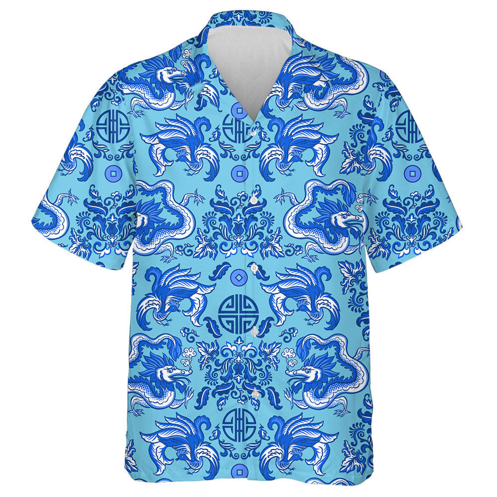 Blue Chinese Dragons And Floral Ornaments Hawaiian Shirt, Hawaiian For Gift