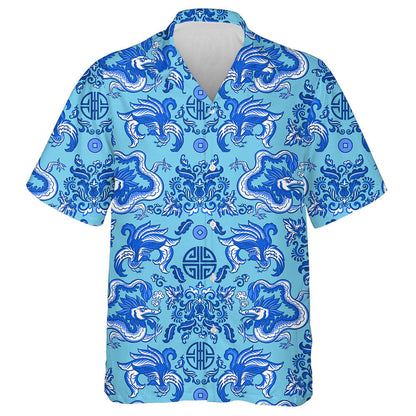 Blue Chinese Dragons And Floral Ornaments Hawaiian Shirt, Hawaiian For Gift