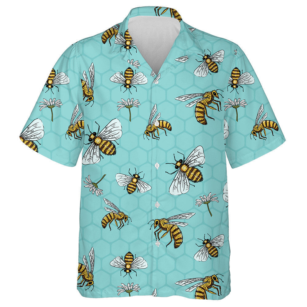 Hand Drawn Bees And Daisies Spring Summer Hawaiian Shirt, Hawaiian Shirt Gift, Christmas Gift