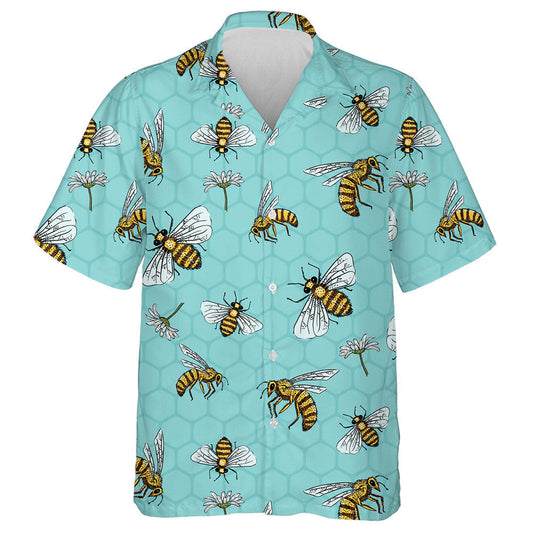 Hand Drawn Bees And Daisies Spring Summer Hawaiian Shirt, Hawaiian Shirt Gift, Christmas Gift
