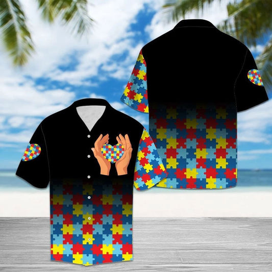 Holding Autism Puzzle On Hand In Black Hawaiian Shirt, Hawaiian Shirt Gift, Christmas Gift