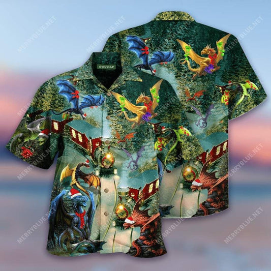 Dragons Christmas Train Blue Sky Hawaiian Aloha Aloha Shirts Hawaiian Shorts Beach Short Sleeve_Hawaiian Shirt Gift, Christmas Gift