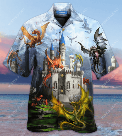 Fantasy Dragons On The Castle Unisex Hawaiian Aloha Shirt Hawaiian Shorts Beach Short Sleeve_Hawaiian Shirt Gift, Christmas Gift