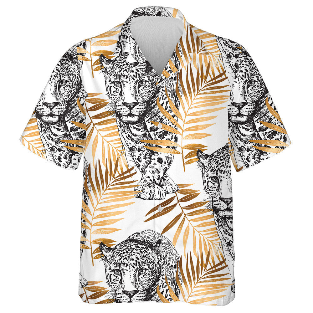 Sceitse den Liopard Siúil In Óir Duilleoga pailme Coimhthíocha Léine Haváí, Bronntanas Léine Haváíais, Bronntanas Nollag