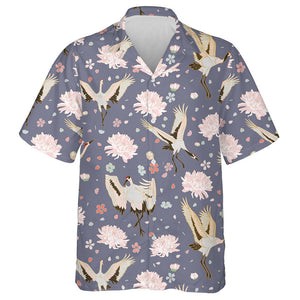 Flying Bird Storks And Beautiful Chrysanthemum Hawaiian Shirt,Hawaiian Shirt Gift, Christmas Gift