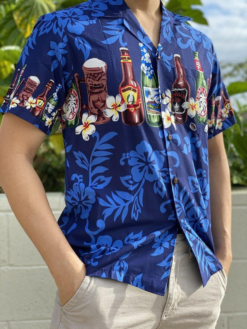 Brewed Beer Aloha Blue Navy Hibiscus Pattern Hawaiian Shirt, Hawaiian Shirt Gift, Christmas Gift
